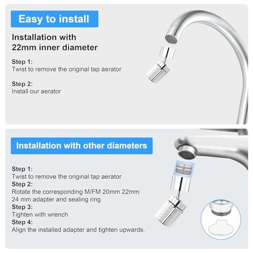 HUAERSICO Universel Robinet Rotatif 360 degrés, rallonge de robinet de salle de bain, rallonge d'évier de cuisine, brise aérateur avec 6 adaptateurs pour M20 M22 M24
