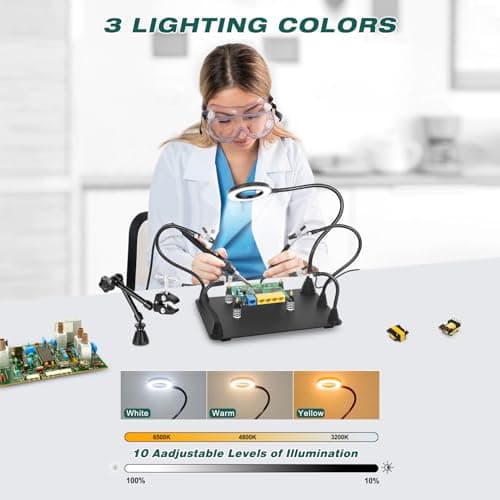 Mains secourables, troisième main à souder, support de carte de circuit imprimé avec lampe loupe 3X LED, support de pistolet à air chaud, bras métalliques flexibles et base robuste