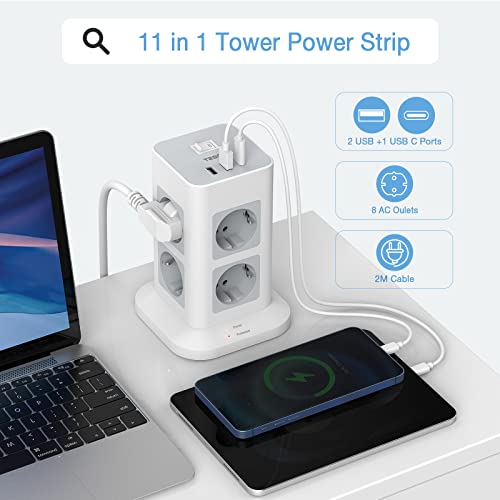 TESSAN Multiprise Parafoudre avec 8 Prises, 2 USB et 1 USB C, Tour Multiprise avec Interrupteur, Multiprise USB Secteur avec Rallonge Electrique 2M, Prise Multiple pour Bureau et Maison, 3600W, Gris