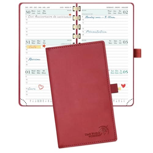 POPRUN Agenda de Poche 2025 16,5 x 9 cm - Couverture Souple en PU Cuir Spirale, Petit Planner Semainier D'Jan 2025 à Déc 2025-12 Mois, Fente Pour Carte, Papier Certifié FSC® 80 g/m2, Bourgogne