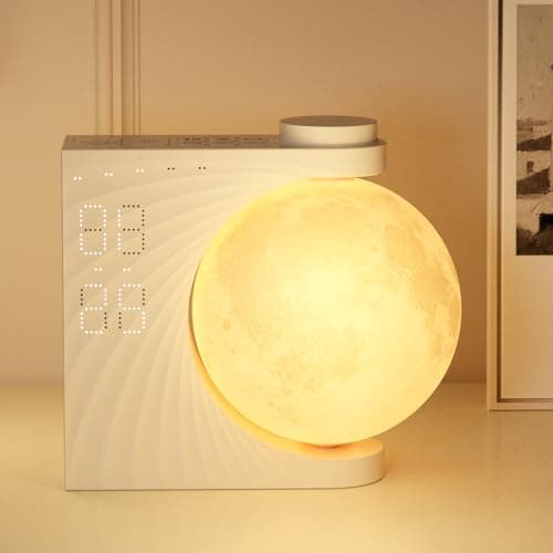 INSSISAIN Mondlampe mit Wecker, 10 beruhigende Töne mit bunter Lichtmodus, Wecklicht für Tisch, Schlafzimmer, Wohnzimmer, fonction snooze, lumière de réveil, 8 couleurs