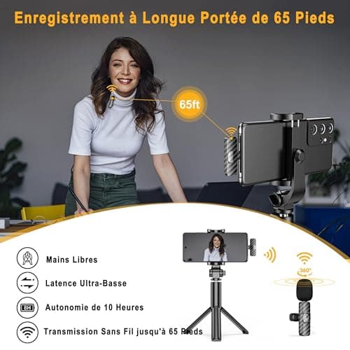 Micro Cravate sans Fil Professionnel pour iPhone/Android/Caméra, Microphone Lavalier sans Fil pour Enregistrement Vidéo, Vlogging, TikTok, YouTube, Réduction du Bruit, Plug & Play - Pack de 2 Micros