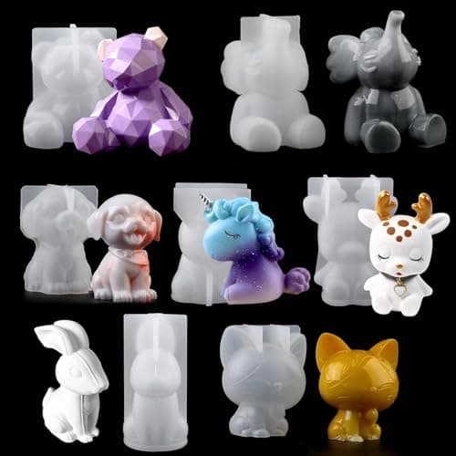 EPODA 7 PCS Moule en Resine Epoxy Animaux, Moules 3D Animaux en Silicone Resine pour DIY Moule Licorne, éléphant, ours, chien, lapin, Moule en résine époxy pour bureau, décoration d'intérieur