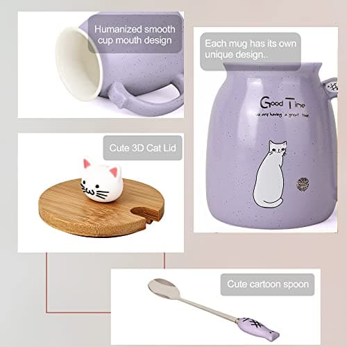 Chat Tasse Jolie tasse à café en céramique avec couvercle et cuillère en bois chat kawaii Nouveauté Morning Cup Tasses à thé au lait au café Tasses de chat pour les amoureux des chats Femmes (mauve)
