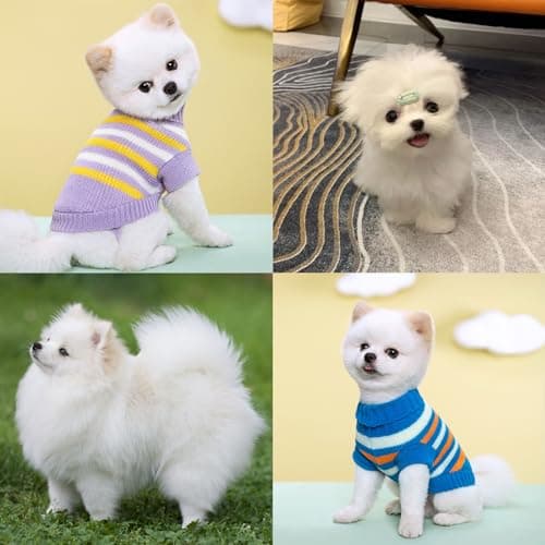 KASESSS 2Pièces Pull Chien Col Roulé, Pull pour Chien Petite Taille en Tricoté Hiver, Pull Chaud Manteau pour Petit Chien,Stries Pull pour Petit Chien,Costume Vetement pour Chat Chihuahua Chiot Yorkie