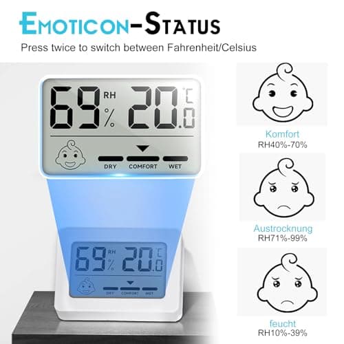 Lot de 6 mini thermomètres hygromètres d'intérieur numériques - Thermomètre d'intérieur avec indicateur smiley - Thermomètre d'intérieur pour chambre de bébé, salon, chambre, bureau - Blanc