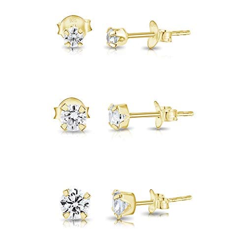 DTPsilver® 3 PAIRES lot boucles d'oreilles femme argent 925 - MINI et Petits Clous/Puces d'oreilles en Argent Fin 925 Plaqué Or Jaune et Oxyde de Zirconium - Diamètre: 3, 4, 5 mm - Blanc/Clair CZ