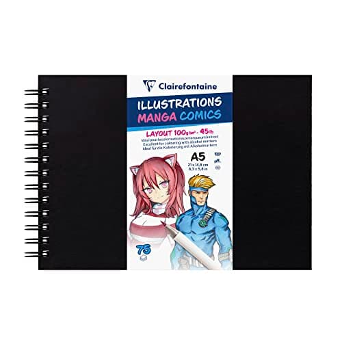 Clairefontaine 975945C Carnet Illustrations Manga Comics - 75 Feuilles Papier Dessin Blanc Extra Lisse A5 14,8x21 cm 100g - Papier idéal pour le Dessin au Feutre à Alcool, Encre de Chine et Line Art