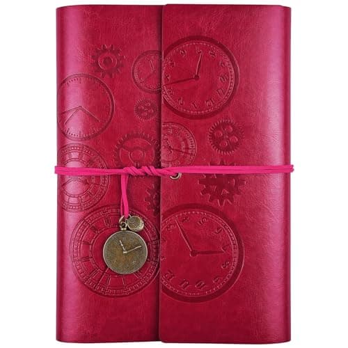 Carnet de notes en Cuir, Rechargeable Carnet De Voyage Agenda Vintage à spirales Avec papier ligné Journal Intime Cadeau pour fille et garçon, 23x16.5cm Rose rouge