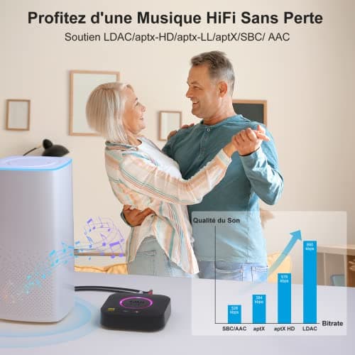 1Mii B06S+ LDAC Recepteur Bluetooth 5.2 pour la Musique Haute Résolution Stéréo à Domicile, Adaptateur Audio sans Fil Hi-FI avec aptX HD/Faible Latence, Recepteur de Contrôle du Volume Longue Portée