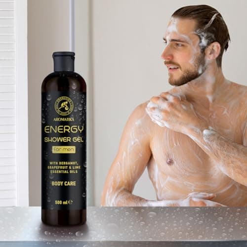 Gel Douche Homme Énergie 500ml - Gel à l'Huile Essentielle de Bergamote - Huile Essentielle de Pamplemousse - Huile Essentielle de Citron Vert - Soin de la Peau - Nettoyant et Soin - Parfum Frais