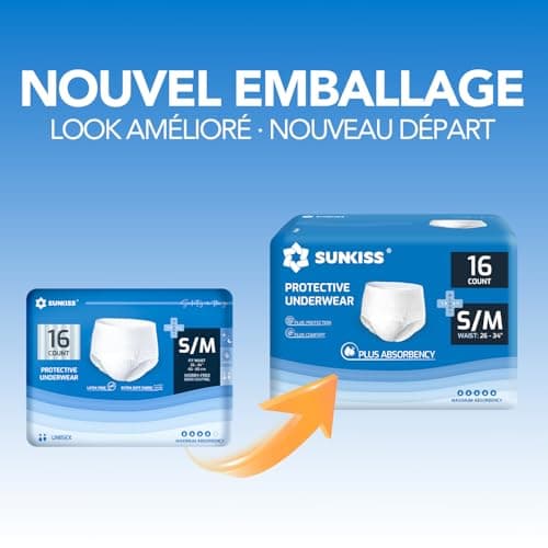 SUNKISS TrustPlus Culottes Adultes pour lncontinence, Culotte Absorbante pour Homme et Femme, Contrôle des Odeurs, Unisexe, Taille S/M, 16 Unités