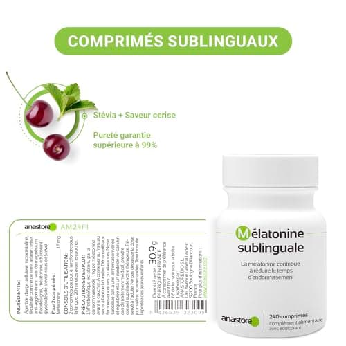 Mélatonine Sublinguale (Arôme cerise) * 1,8 mg (pour 2 comprimés) = 120 doses journalière * Pureté garantie supérieure à 99%* Sommeil