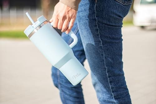 Milu Gobelet thermique 1200ml avec paille & anse, 24h glacé / 12h chaud Tumbler 40oz en acier inoxydable avec poignée, isolant bouteille to go (Morning Blue, 1200ml)