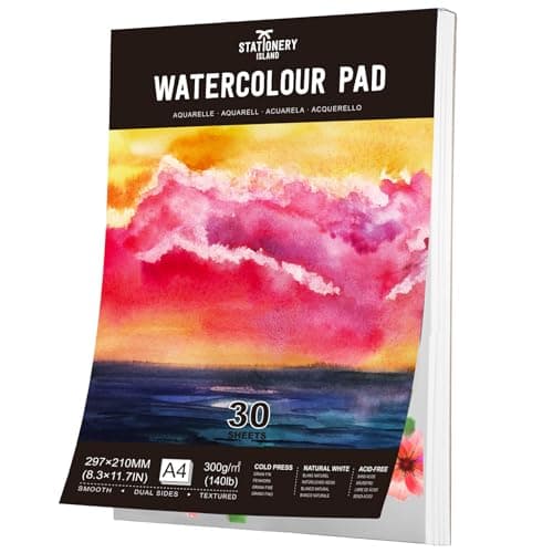 Stationery Island Papier Aquarelle A4, 30 Feuilles Carnet Aquarelle 300g. Bloc Aquarelle Papier A4, Premium Double Texture. Papier Pour Aquarelle, Dessin Et Croquis. Bloc aquarelle dessin