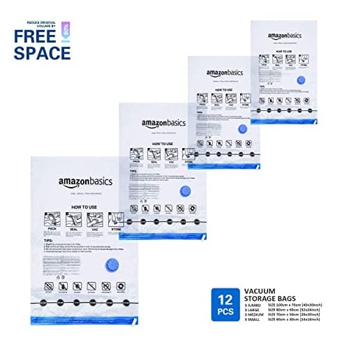 Amazon Basics de rangement sous vide avec pompe manuelle, Lot de 12, (3 jumbo, 3L, 3M, 3S), Fermeture éclair, Multiple, Blanc,bleu