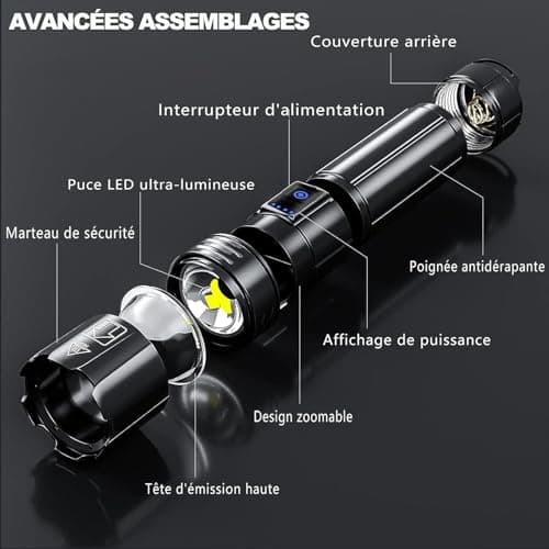 Lampe Torche LED Ultra Puissante, 100 000 Lumens Lampe Torche LED Rechargeable, 7 Modes Super Lumineuse, Longue Durée, IPX7 Étanche Idéal Pour Camping, Randonnée Et Urgences