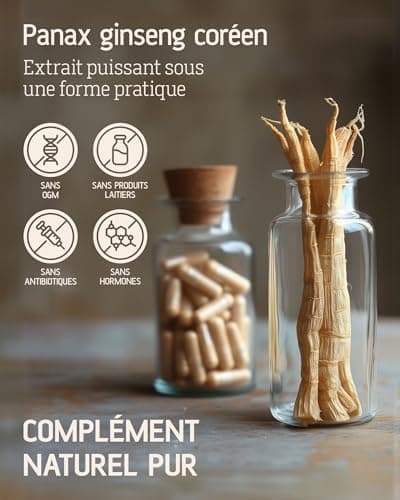 Ginseng Rouge de Corée Panax - Extra Fort 12 500 mg - 60 Gélules - Extrait de Racine de Ginseng avec 20% de Ginsénosides - Vegan
