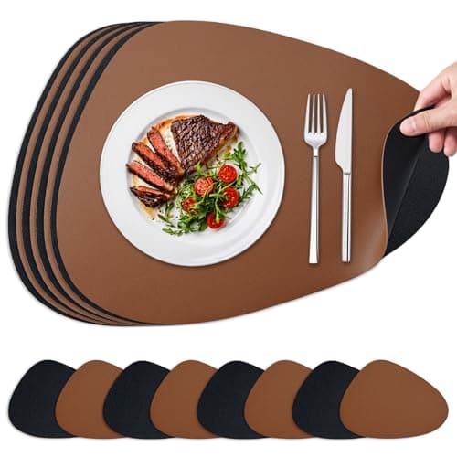 NOSTHEART Set de Table Lavable et Dessous de Verre, Set de Table Rond Cuir, Sets de Table AntidéRapants et ImperméAbles à Double Face - Lot de 8, Noir Marron