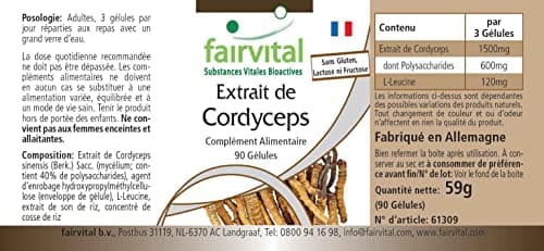 Fairvital | Cordyceps extrait 500mg Fortement dosé - 90 capsules - Cordyceps Sinensis - standardisé à 40% polysaccharides