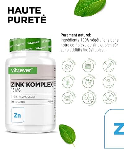 Complexe Zinc 15mg - 365 Comprimés - Avec 3 formes bioactives de zinc (bisglycinate de zinc, gluconate de zinc, citrate de zinc) - 1 an d'approvisionnement - Hautement dosé - Vegan