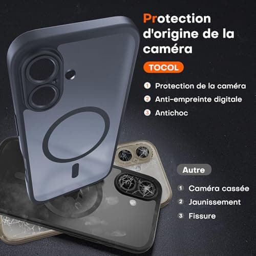 TOCOL Coque Magnétique pour iPhone 16 6,1 Pouces, Compatible avec MagSafe, Protection de l'objectif améliorée, Coque Mat Translucide Fine Antichoc, Noir