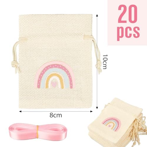 BETESSIN 20pcs Sachet Dragées Arc-en-ciel Bohème en Jute pour Baptême Baby Shower Communion 8x10cm