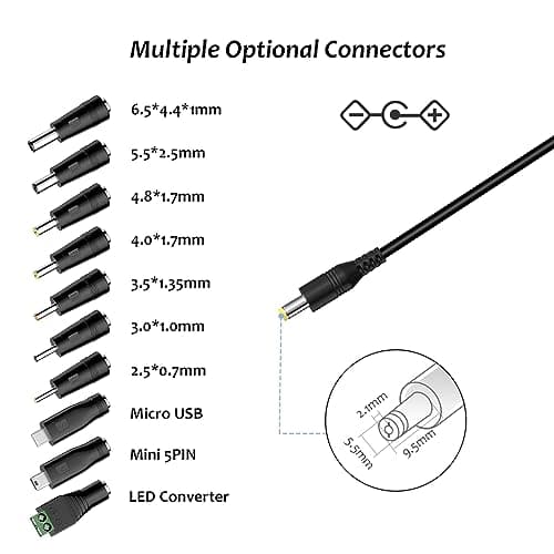 Zolt 45W Adaptateur d’Alimentation Universel AC à DC 5V 6V 7.5V 9V 12V 13.5V 15V 3A Transformateur d'alimentation à Découpage avec 10 Connecteurs DC, 3000mA Max.