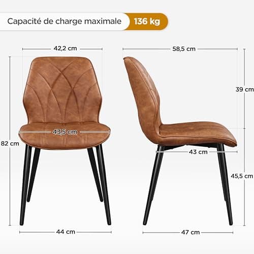 Yaheetech Lot de 4 Chaises de Salle à Manger Dossier Ergonomique Chaises de Cuisine Moderne Assise en Similicuir Bien Rembourrée Chaises de Chambre Cadre en Métal 58,5 × 44 × 82 cm Brun Rustique