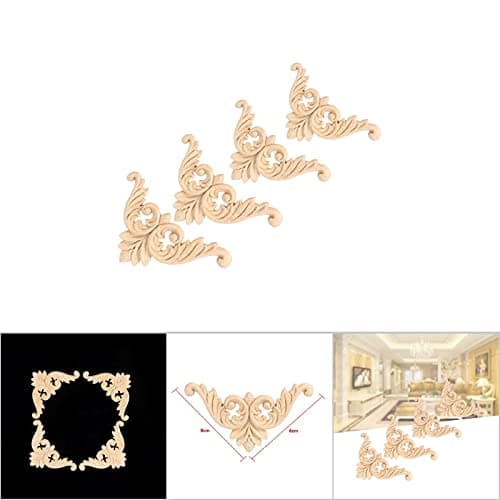 Moulure Decorative Bois,4PCS Bois Caoutchouc Sculpté Coin Onlay Applique Meubles Forme De Fleur Non Peint 8 X 8cm pour Le Mur,Les Portes,Les Armoires,Les Fenêtres Ou Les Miroirs(8 * 8)