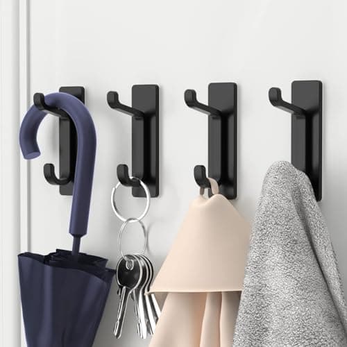 pickpiff Crochet Adhesif Mural, Porte Serviette Salle de Bain, Accroche Torchon Cuisine, Porte Manteau Adhésif, Attache Murale Sans Percer, Etanche, Antirouille, Noir, 4 Pièces