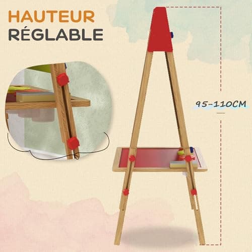 AIYAPLAY Chevalet peinture pour enfants, tableau enfant double face 3 en 1, avec rouleau de papier, tableau blanc et noir hauteur réglable, avec accessoires de peinture, enfants 3-8 ans, bois naturel