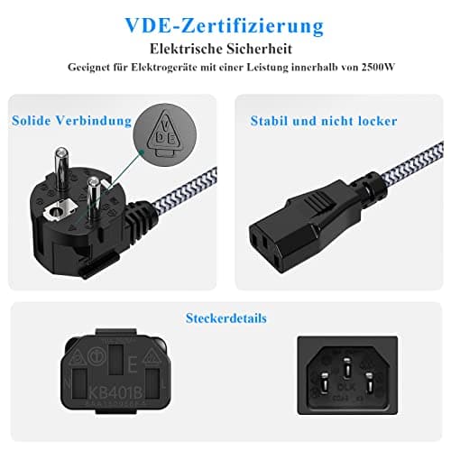 3m Câble d’Alimentation 3 pôles,Nylon Câble d'alimentation Universel EU Schuko CEE 7/7 sur IEC60320 C13 avec VDE pour moniteurs, PC, imprimantes,Couleur Noire