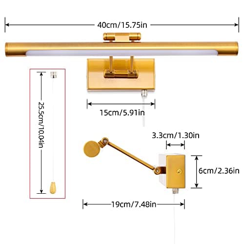 MantoLite Applique Murale 8W Applique Liseuse 40CM Interieur Laiton Salle de Bains Miroir Lampe 3000K Murale LED avec Tête de Lamp Pivotante Lampe de Lecture 900LM pour Tableaux et Vitrines Luminaires