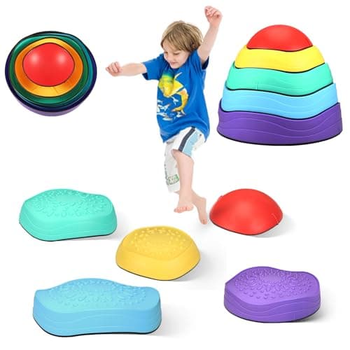 Neulriscn Pierres d'Équilibre pour Enfants,5 Pièces Pierre de Rivière Motricité, Antidérapant Dalles Sensorielles Intérieur & Extérieur,Balance Stepping Stones,Parcours de Motricité