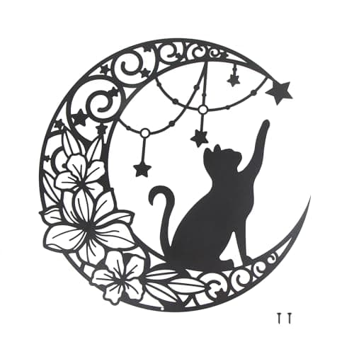 momgyaamz 11,8" Art Mural Noir en Métal, Chat qui choisit des étoiles sur la lune Décoration Murale Ronde Silhouette Art, pour Cadeau intérieures et extérieures Jardin Maison Décoration(30x30cm)