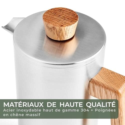 WALDWERK Cafetière à Piston (1L) - French Press en Acier Inoxydable à Double Paroi avec Poignée en Bois de Chêne - Cafetière Manuelle Sans Plastique
