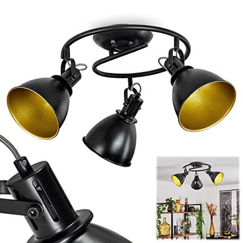 hofstein Plafonnier Koppom en métal noir et or, luminaire rond de plafond à 3 spots orientables pour ampoules E14, ampoule(s) non incluse(s)