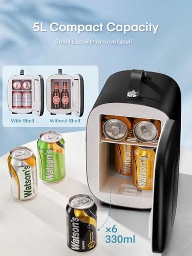 Mini Frigo de Chambre 5L, USB/AC/DC Brancher, Pour Voiture 12V 240V pour Camping, Petit Skincare Réfrigérateur Comestique Silencieux, Glacière Portable de Beauté, Garder Froid, 6 Canettes, Noir