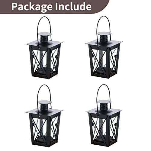 Lanterne en Verre À Terre/Suspendue, Lanterne en Verre Portable, Bougie Chauffe-Plat Petite Lanterne Rétro De Fer, Suspension De Décoration D’Intérieur/Cour (Noir, 4 Pcs)