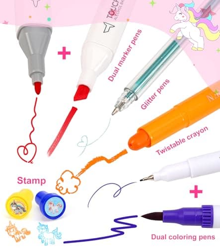 Ophy Feutres Coloriage Enfants - Set d'art pour Enfants avec Autocollants en Diamant Feutre Enfant Ensemble de Marqueurs Double Marqueur Livre de Coloriage Crayons Coloriage Enfant Cadeau Fille