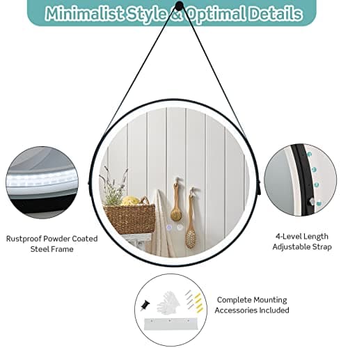LIFEZEAL Miroir Salle de Bain Rond avec Fonction de Dégivrage, Miroir Cosmétique Mural avec Interrupteur Tactile Intelligent, Miroir Maquillage avec Lumière LED de 3 Couleurs, Diamètre 60CM, Noir