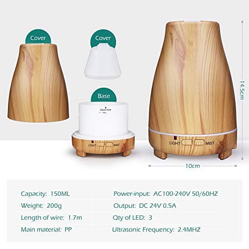 Diffuseur d'Huile Essentielle 150ml, GeeRic Humidificateur d'air Ultrasonique Brume Arôme Parfum Electrique avec Télécommande 7 Couleurs Changeantes Arrêt Automatique pour Chambre/Salon/Spa/Yoga