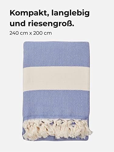 Sowel® XXXL Serviette de Plage, Fouta, Pestemal, Hammam, 100% Coton, Bleu Pierre, 200 x 240 cm