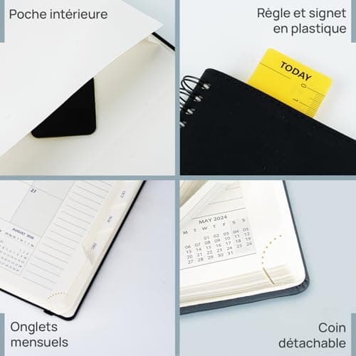 POPRUN Agenda 2025 Journalier 21,5 x 14,5 cm - Couverture Souple en PU Cuir Spirale, 1 Page par Jour A5 Agenda, D'Jan 2025 à Déc 2025, Avec règle signet, Papier 80 g/m2, Noir-BK