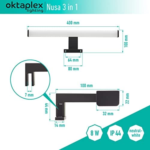 oktaplex lighting Lampe de miroir LED 40cm noir 3in1 montage 4000K blanc neutre 8W 570lm salle de bain