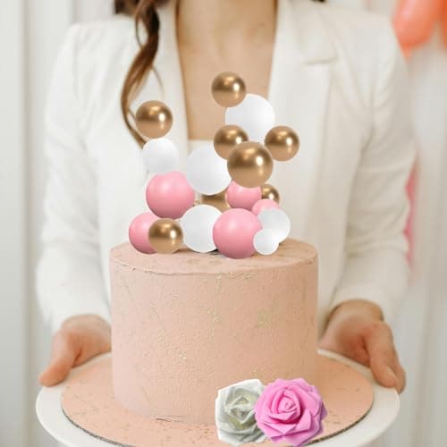 Lot de 48 boules de décoration de gâteau, Happy Birthday décoration de gâteau pour Anniversaires, Boules en mousse rose blanc et doré pour Fête d'anniversaire pour Shower de bébé Mariage