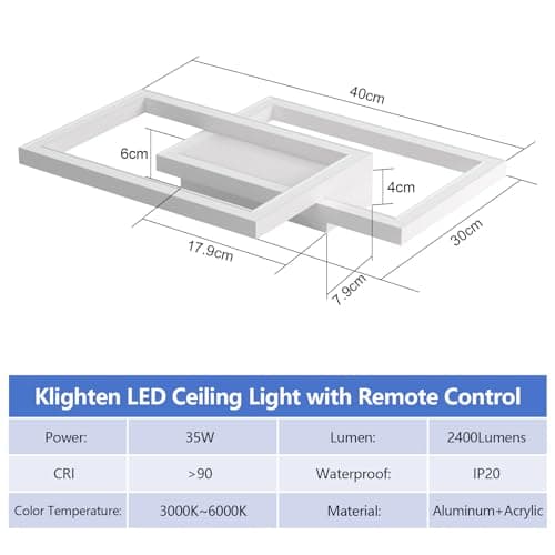 Klighten Plafonnier LED Dimmable 35W, Blanc Lampe Plafond Avec Télécommande, Moderne Géométrie Éclairage de Plafond pour Salon Chambre Cuisine Couloir, 3000k-6000K, L40cm ×W30cmx H4cm