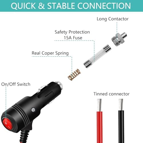 GELRHONR Câble allume-cigare de rechange 12 V avec interrupteur, cordon d'alimentation 16 AWG avec fusible 15 A (0,6 m)