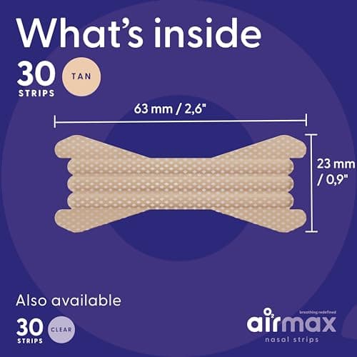 Air Max nasal strips anti ronflement - 30 nasal strips beige - Ouvre le passage nasal et augmente le flux d'air | Améliorer le sommeil, soulager la congestion nasale - utiliser pendant le sport